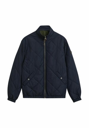 Marine-blauer, gesteppter Mantel mit hohem Kragen, durchgehendem Reißverschluss, elastischen Bündchen und zwei Seitentaschen mit Druckknopfverschlüssen. Glatte, matte Oberflächenbeschaffenheit.