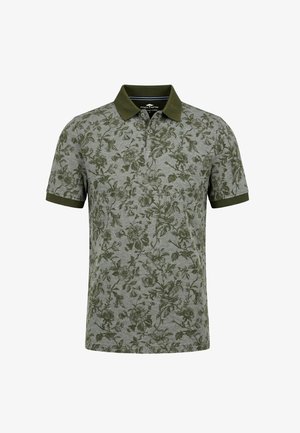 Polo grigio con motivo floreale verde scuro, colletto verde scuro e polsini delle maniche.