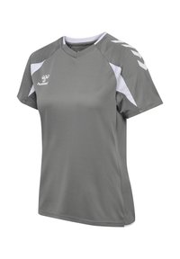 T-shirt de sport gris à manches courtes avec accents blancs aux épaules et logo hummel sur la poitrine, conçu pour les femmes.