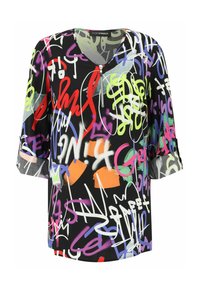 Schwarze Bluse mit einem bunten Graffiti-Druck in Rot-, Grün-, Lila- und Orangetönen. V-Ausschnitt und Dreiviertelärmel.