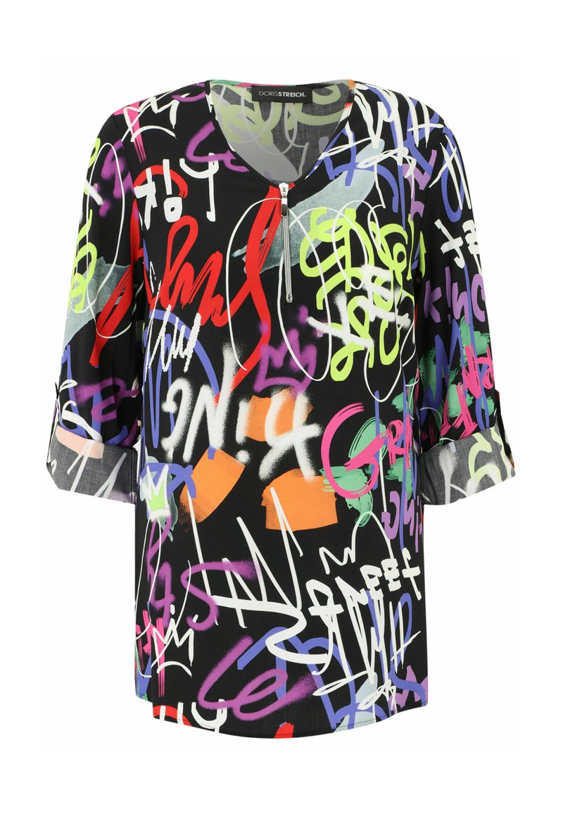 Schwarze Bluse mit einem bunten Graffiti-Druck in Rot-, Grün-, Lila- und Orangetönen. V-Ausschnitt und Dreiviertelärmel.
