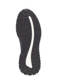 Black rubber shoe sole with a patterned surface featuring triangular treads and a central white stripe. Engraved brand name "EVOLUTION."