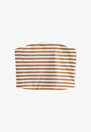 Serre-tête rayé marron et blanc, en tissu, texture douce, design large, légèrement élastique, adapté à différentes tailles de tête.