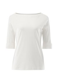 Weißes, leichtes Stretch-Baumwolloberteil mit dreiviertel Ärmeln, weitem Ausschnitt und umgeschlagenen Bündchen. Glatte, schlichte Oberfläche.