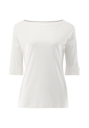 Weißes, leichtes Stretch-Baumwolloberteil mit dreiviertel Ärmeln, weitem Ausschnitt und umgeschlagenen Bündchen. Glatte, schlichte Oberfläche.