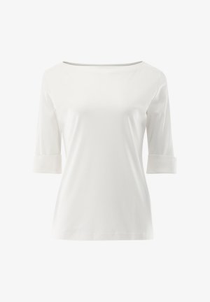 Weißes, leichtes Stretch-Baumwolloberteil mit dreiviertel Ärmeln, weitem Ausschnitt und umgeschlagenen Bündchen. Glatte, schlichte Oberfläche.
