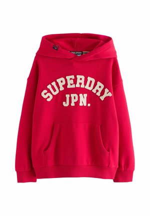 Röd hoodie i bomullsblandning, med stor "SUPERDAY JPN." tryck i krämfärg. Inkluderar en framficka och ribbade ärmslut och nederkant.
