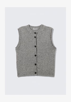 Grey knit sleeveless cardigan with black buttons down the front and ribbed edges, displayed flat on a white background.
