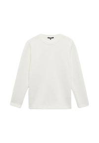 Weißer Langarm-Pullover mit Rundhalsausschnitt und geripptem Kragen sowie Saum, flach auf einem weißen Hintergrund präsentiert.