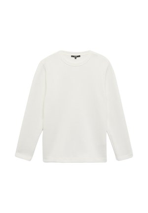 Suéter blanco de manga larga con cuello redondo y ribete en el cuello y el dobladillo, exhibido plano sobre un fondo blanco.