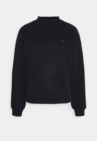 Czarny sweatshirt wykonany z bawełnianego materiału, z wysokim kołnierzem, długimi rękawami i małym logo na piersi. Miękka tekstura i luźny krój.