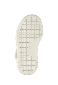 Suola di sneaker bianca in gomma con un motivo a griglia testurizzato, con il nome del marchio "SKECHERS" impresso sul lato. Materiale liscio e resistente.