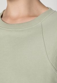 Felpa verde chiaro con collo rotondo a costine, texture liscia e maniche raglan. Dettagli di cucitura visibili lungo le cuciture.