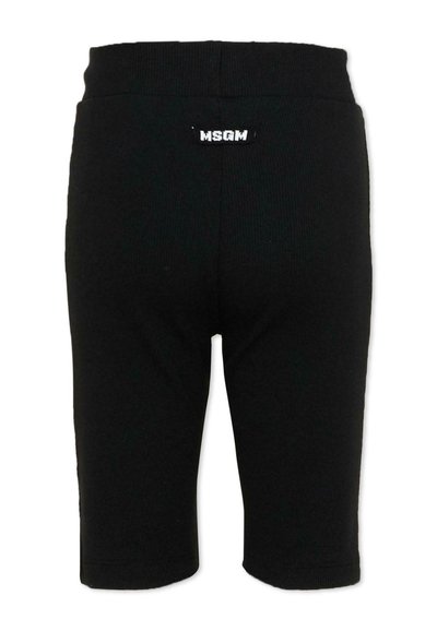 Pantalones cortos negros acanalados hasta la rodilla con cintura elástica y pequeño logo blanco de MSGM centrado en la parte posterior de la cintura.