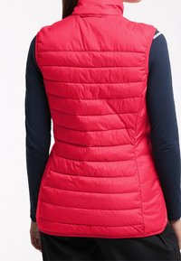 Nainen, jolla on yllään punainen kuvitettu ilman hihoja oleva liivi ja tummansininen pitkähihaista paita, näkyy takaapäin valkoista taustaa vasten.