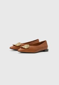 Brown leather flats with a pointed toe, featuring a decorative gold-toned detail on the front and a small black heel. Smooth texture.