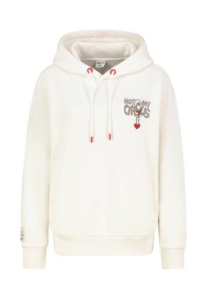 Cremfarbener Kapuzenpullover mit einer Fronttasche, Kordelzugkapuze und dem grafischen Text "NOT MY CIRCUS", der eine cartoonhafte Figur zeigt. Rote Akzentdetails.