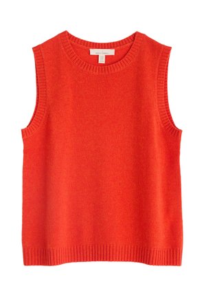 Punane ilma varrukateta kootud sviiter ümmarguse kaelusega. Omab ribakujulisi ääri kaeluses ja allservas, valmistatud pehmest ja kergest kangast.