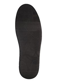 Schwarze Gummisohle mit strukturierter Oberfläche, die Wellen- und Profilmuster aufweist, sowie einem kleinen rechteckigen flachen Bereich in der Mitte.