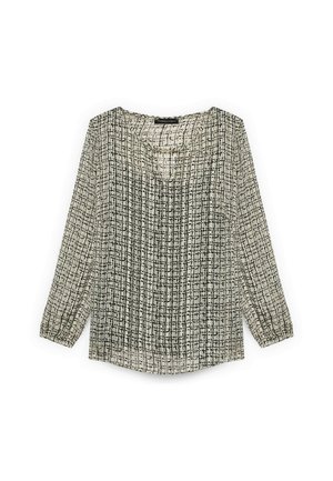 Langärmlige Bluse aus einem leichten Stoff, mit einem Gittermuster in Schwarz und Creme, einem leichten Ausschnitt und gerafften Ärmeln.