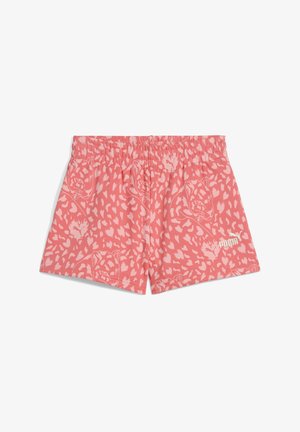 Shorts de sport roses avec un motif léopard et un logo Puma blanc. Fabriqués en matériau léger et doux avec une taille élastique.