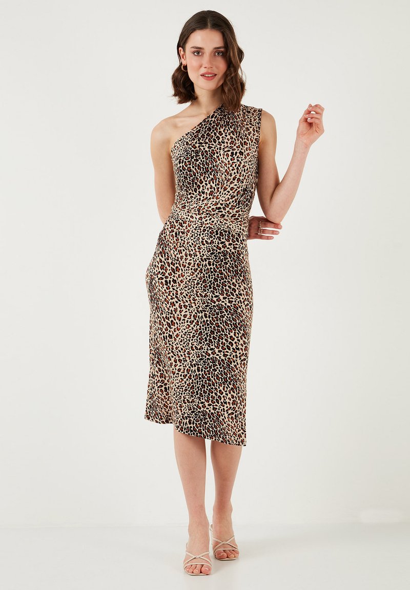 Leopard print, one-shoulder dress with a fitted bodice and knee-length hem. Made from smooth fabric with a slight sheen.