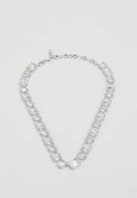Faceted crystal necklace featuring rectangular links and round accents, set in silver-tone metal, with a lobster clasp closure.