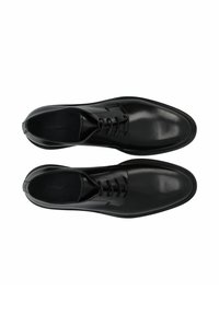 Des chaussures habillées en cuir noir avec une finition lisse et brillante. Elles présentent un design classique à lacets et une pointe ronde. Logo embossé à l'intérieur.