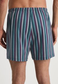 Heren boxershorts in tegroen, wit en paarse verticale strepen. Elastische tailleband, lichtgewicht katoenmateriaal en een lengte tot halverwege de dij.