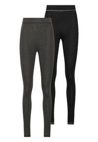 Conjunto de leggins negros y verde oscuro, con una textura suave, cinturilla elástica y detalles de costura en contraste en la cintura.