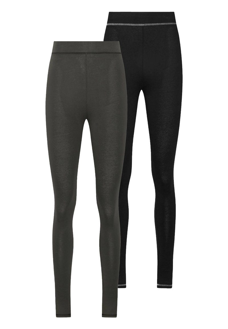 Conjunto de leggins negros y verde oscuro, con una textura suave, cinturilla elástica y detalles de costura en contraste en la cintura.