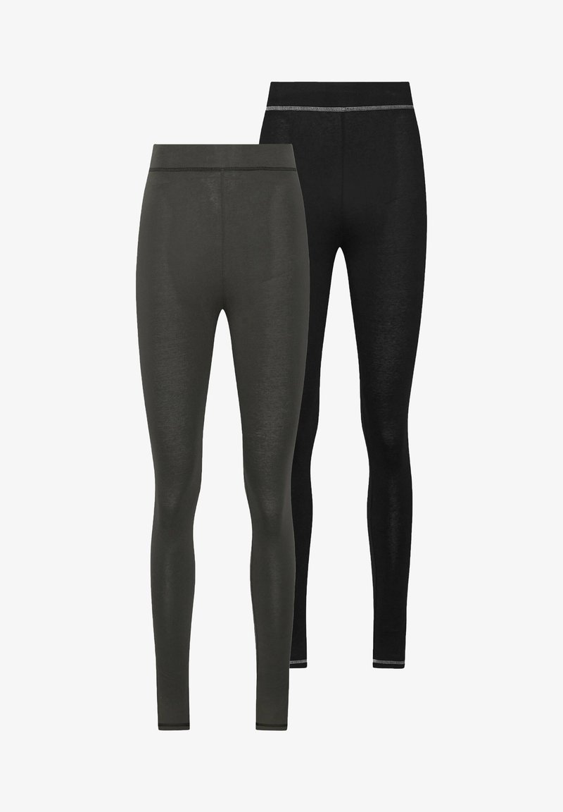 Set di leggings neri e verde scuro, caratterizzati da una texture liscia, vita elastica e dettagli di cucitura in contrasto in vita.