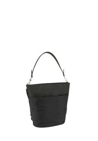 Sort bucket taske med en glat, mat overflade, der har en kontrasterende øverste sektion, en kort håndtag og metal hardware detaljer.