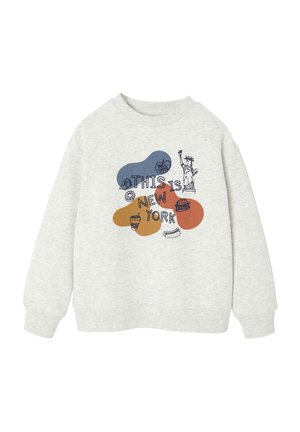 Hellgrau Sweatshirt mit einem Druckdesign, blauen und orangefarbenen Formen, dem Text "DAS IST NEW YORK" und Illustrationen der Freiheitsstatue sowie Lebensmittel.