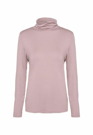 Maglietta a maniche lunghe color rosa pallido con collo a dolcevita, realizzata in tessuto morbido con una vestibilità attillata e dettaglio al collo arrotolato. Tessuto liscio, senza fantasie né decorazioni.