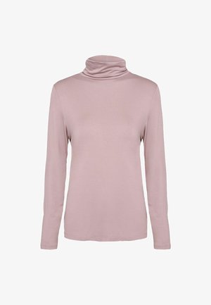 Light pink, long-sleeve turtleneck top made of soft fabric with a fitted design and rolled neck detail. Smooth texture, no patterns or embellishments.
