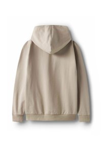 Beige luftig sweatshirt som visas bakifrån med långa ärmar, ribbade muddar och en ribbad nederdel på en vit bakgrund.