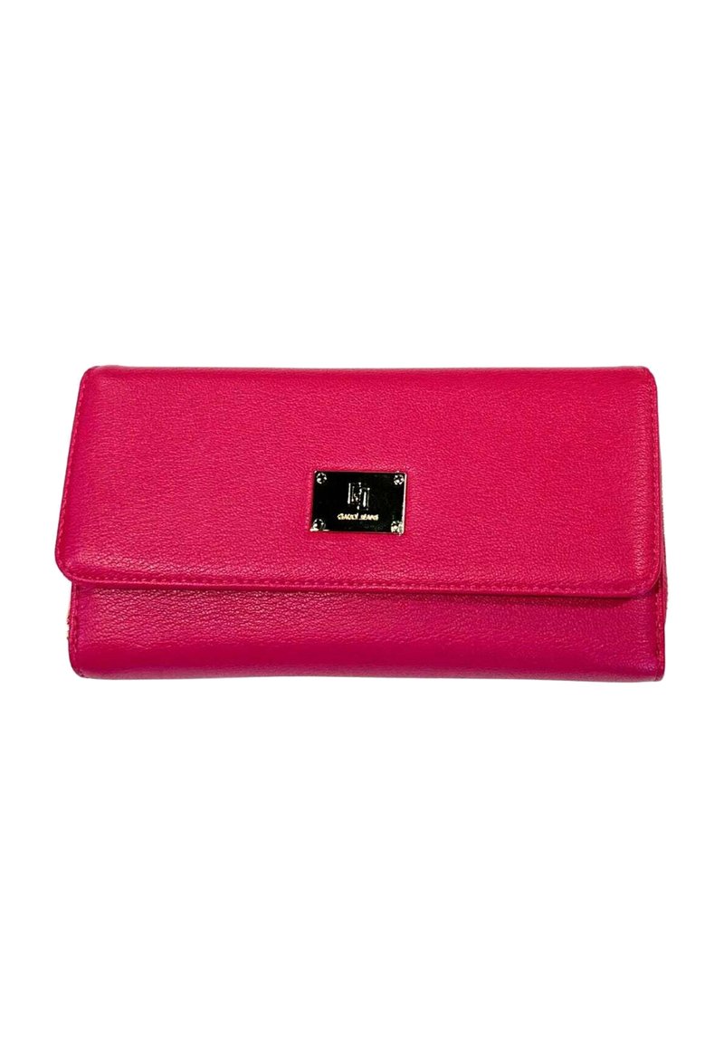 Portafoglio in pelle rosa con una texture liscia, dotato di una chiusura rettangolare in tono oro con incisione del marchio sulla parte anteriore. Design pieghevole.