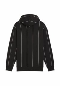 Crna majica s kapuljačom zanimljivog dizajna sa bijelim vertikalnim prugama, padajućim ramenima i rebrastim manžetama. Izrađena od mekanog materijala.