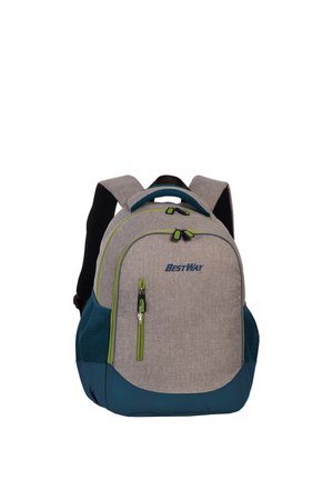 Grijs-blauwe BestWay rugzak met groene ritssluitingaccenten, voor- en zijvakken, en gevoerde schouderbanden.
