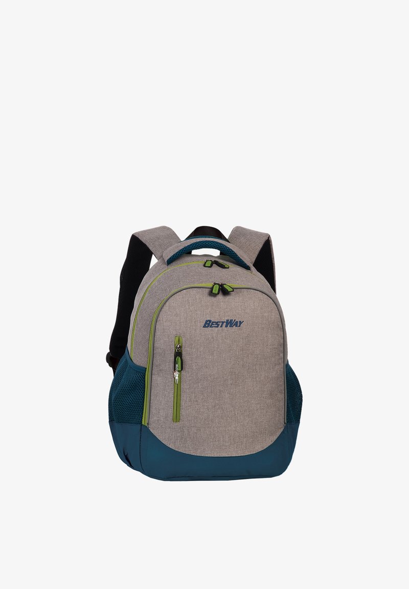 Sac à dos BestWay gris et bleu avec des accents de fermeture éclair verts, poches avant et latérales, et bretelles rembourrées.