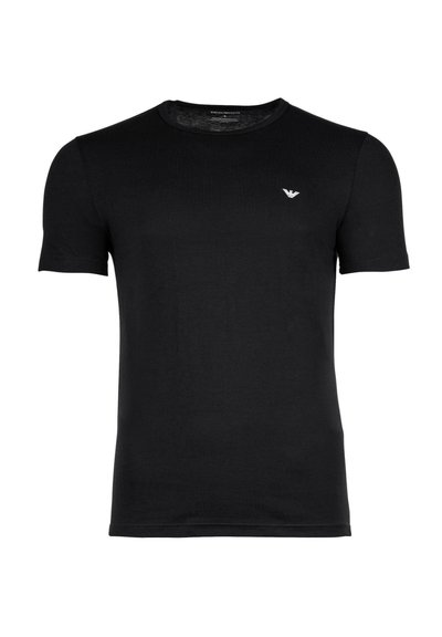Μαύρο κοντομάνικο T-shirt με στρογγυλή λαιμόκοψη και μικρό λευκό λογότυπο αετού στο αριστερό στήθος, εμφανιζόμενο σε λευκό φόντο.
