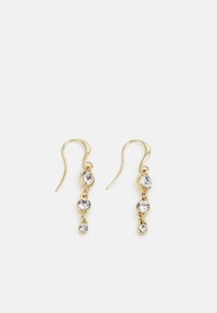 Pendientes de oro con tres brillantes y claros rhinestones de diferentes tamaños, con un diseño de gancho para un uso seguro.