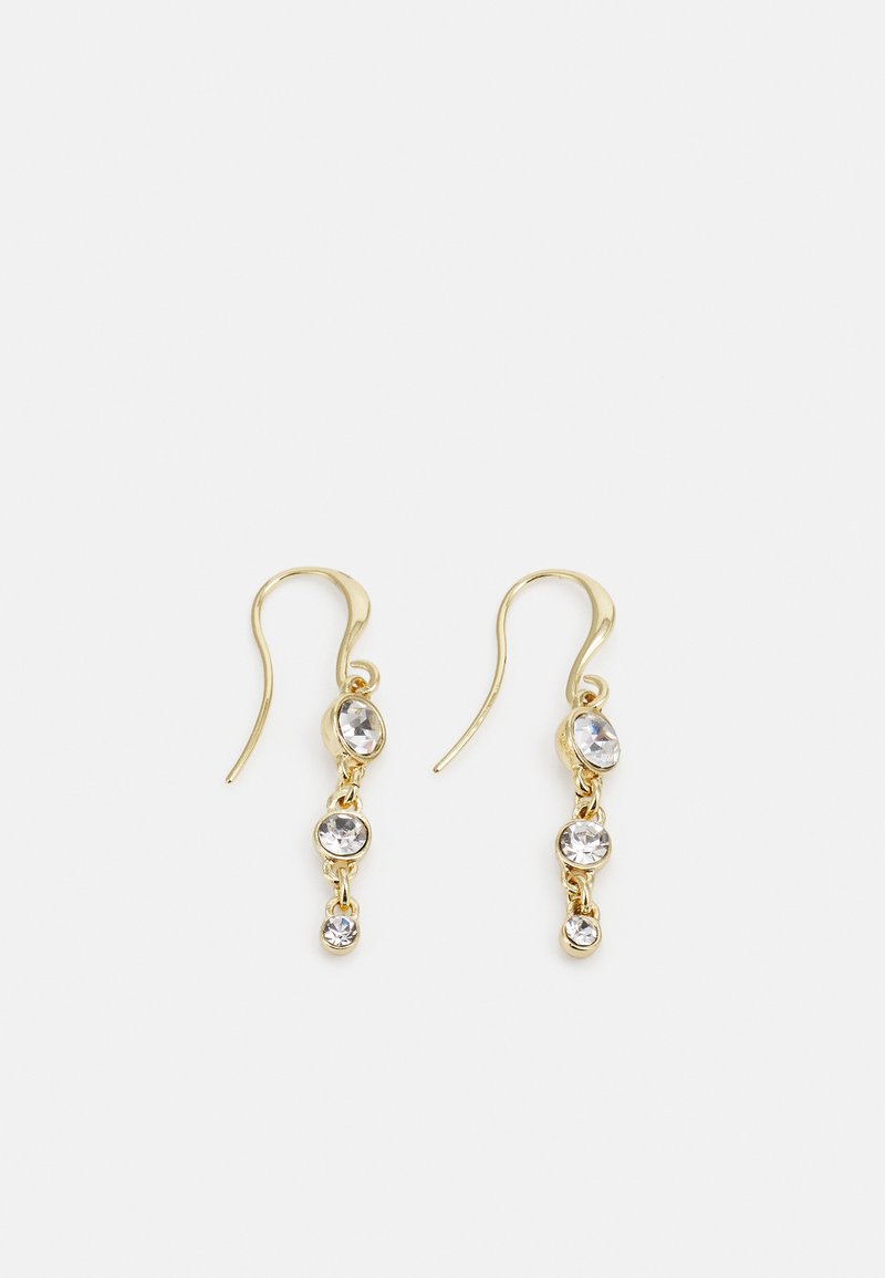 Pendientes de oro con tres brillantes y claros rhinestones de diferentes tamaños, con un diseño de gancho para un uso seguro.