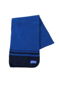 Sciarpa lavorata a maglia blu con strisce blu scuro e un'etichetta "Paw Patrol"; morbida al tatto, di forma rettangolare con estremità arrotondate.