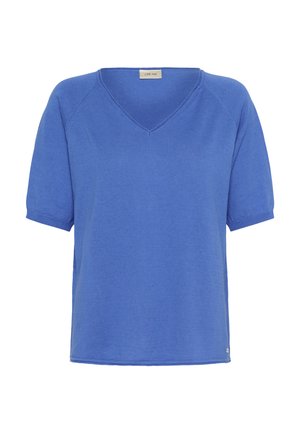 Blue knitted top with a V-neck, short raglan sleeves, and a straight hem. Features a subtle texture and a small logo tag at the bottom.
