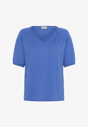 Sinine kootud topp V-kaelusega, lühikeste raglaanvarrukatega ja sirge äärega. Omaduseks peen tekstuur ja allosas väike logomärk.