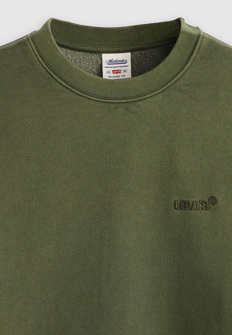 Sweatshirt Levi's vert olive avec col rond, coupe décontractée, poignets côtelés et détail de logo brodé sur la poitrine. Texture douce.