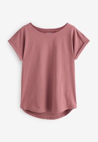 T-shirt mauve à manches courtes avec poignets roulés et ourlet légèrement arrondi, présenté à plat sur fond blanc.