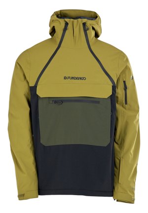 Green and black anorak with a high collar and adjustable hood. Features a front pocket and side zippers. Made from a smooth, weather-resistant material.